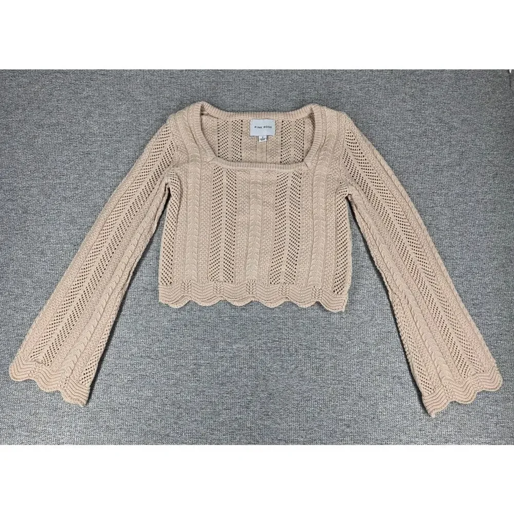 PINK ROSE WOMEN'S CROPPED KNIT SWEATER SIZE SMALL BEIGE TEXTURED CABLE OPENWORK